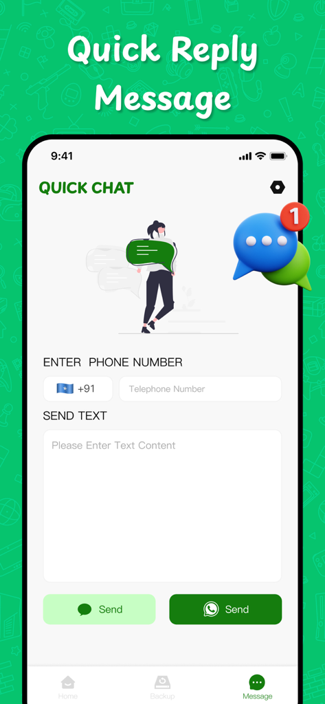 Dual Chat Web: Dual Accounts - A mobile app interface titled Quick Chat showing fields for phone number and text message with a WhatsApp send button