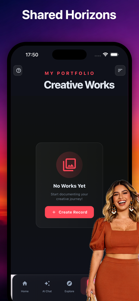 Nexus - Connect Together - Nexus app portfolio screen showing the creative works section with a create record button and a smiling woman.