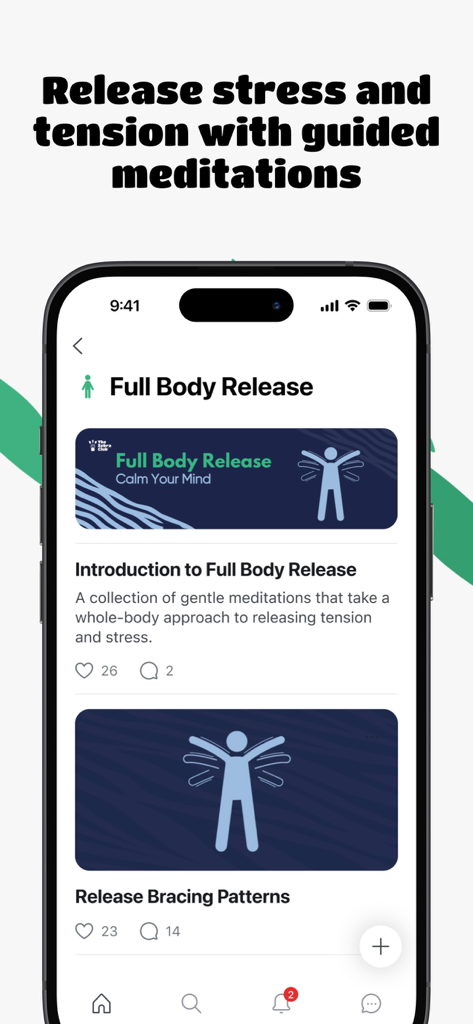 The Zebra Club - Interfaz de la aplicación The Zebra Club que muestra meditaciones guiadas para la liberación de todo el cuerpo y el manejo del estrés.