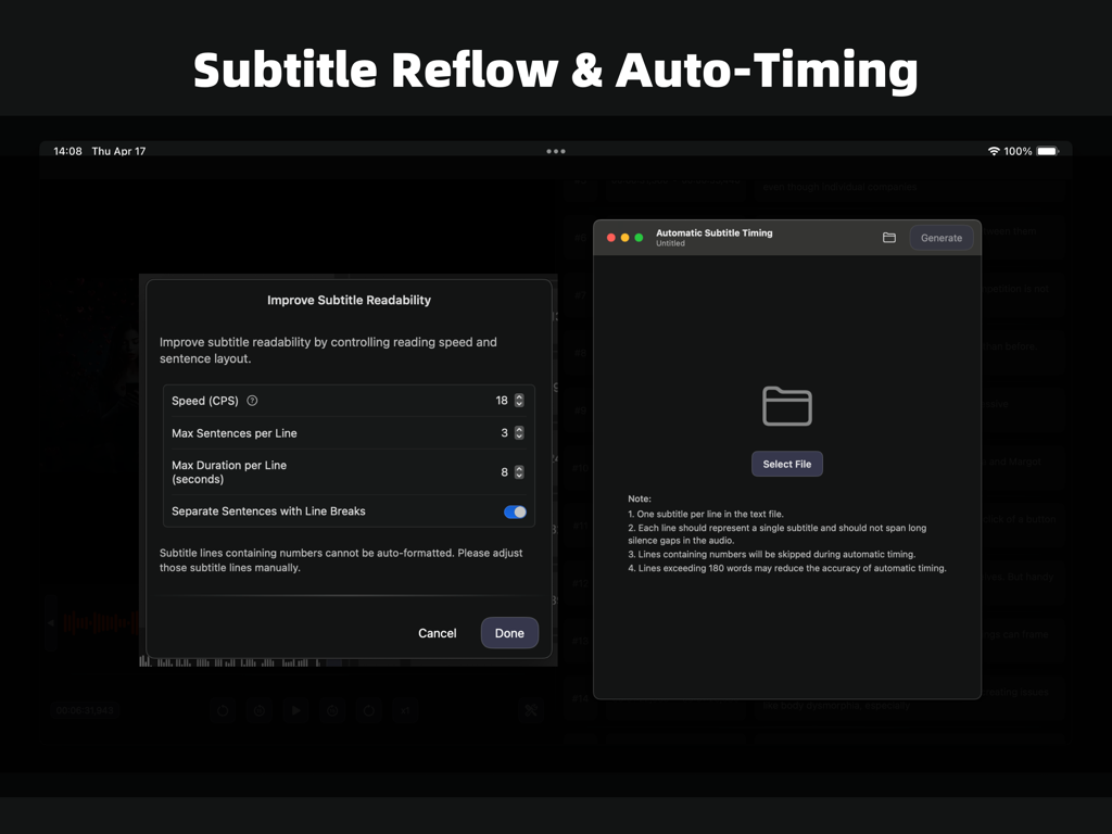 SubEasy interface displaying subtitle readability settings and automatic timing tools