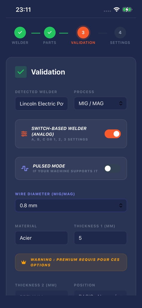 Weldmaster AI - Tela de validação do Weldmaster AI mostrando configurações de soldagem MIG MAG para uma máquina Lincoln Electric.