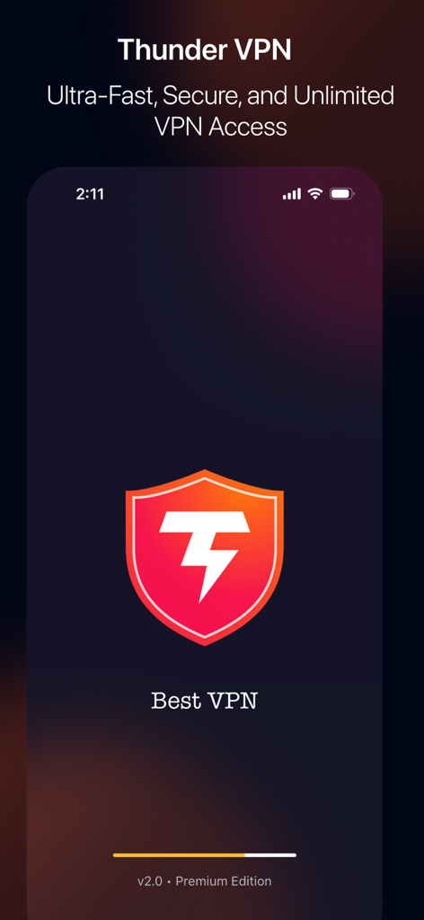Thunder VPN - Proxy Unlimited - Thunder VPN splash screen featuring a lightning bolt shield icon and the words Best VPN