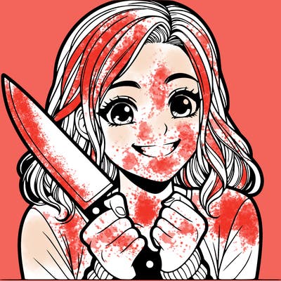 a realistic girl holding a knife and grinning