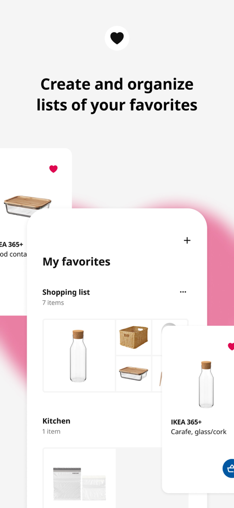 IKEA mobile app interface for creating and organizing lists of favorite products