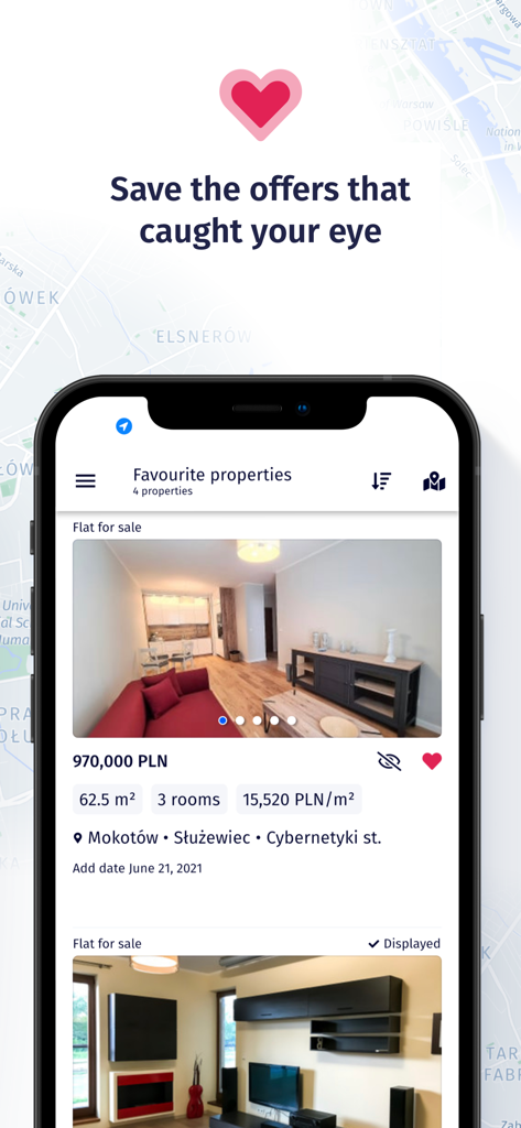 Morizon.pl Real Estate App - Tela do aplicativo imobiliário Morizon mostrando uma lista de propriedades favoritas salvas