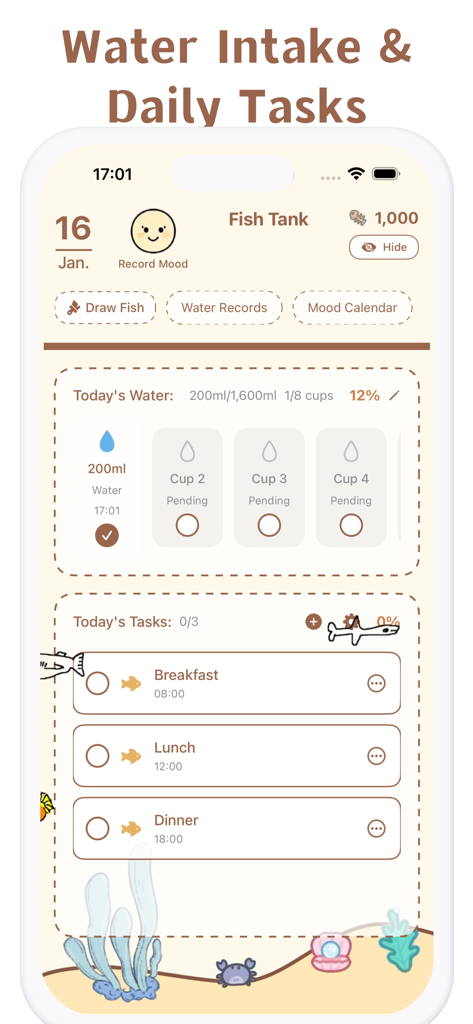 DrawFish – Cyber Fish Tank - Gemütliche mobile Benutzeroberfläche zur Verfolgung der täglichen Wasseraufnahme und Gesundheitsaufgaben in der DrawFish-App
