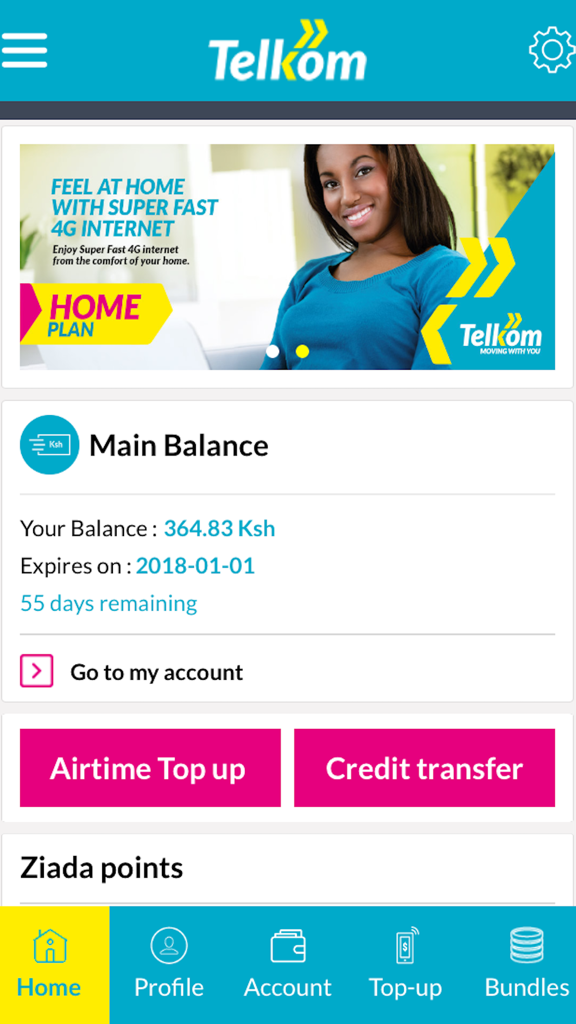 My Telkom - My Telkom app home screen displaying main account balance airtime top up and credit transfer features