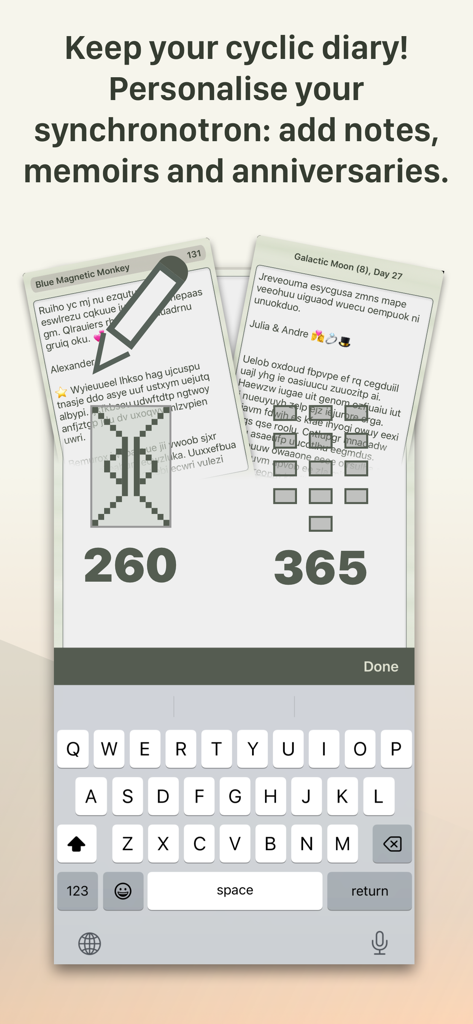 13:20:Sync - Interface showing the personal notes and cyclic diary feature in the 13:20:Sync Mayan calendar app.
