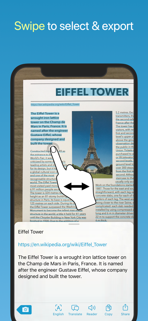 Una mano deslizándose sobre la pantalla de un iPhone para seleccionar texto reconocido de un documento escaneado sobre la Torre Eiffel en la aplicación Prizmo Go.