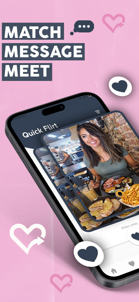 Love at First Swipe dating app interface showing a profile picture with the slogan Match Message Meet