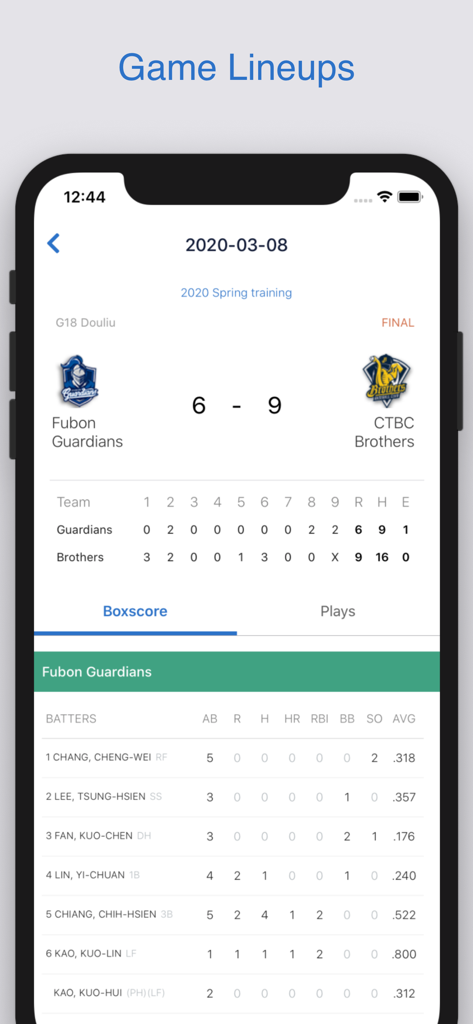 Captura de pantalla de la aplicación Aficionados al Béisbol de Taiwán que muestra un boxscore de la CPBL y estadísticas detalladas de bateo de jugadores.