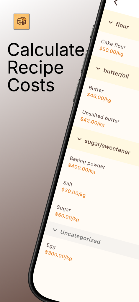 Bake Master: Baking Calculator - Bildschirm eines Backrechners mit Zutatenkosten pro Kilogramm für Mehl, Butter und Zucker
