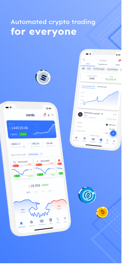 Cornix app interface showing automated crypto trading dashboard and bot statistics