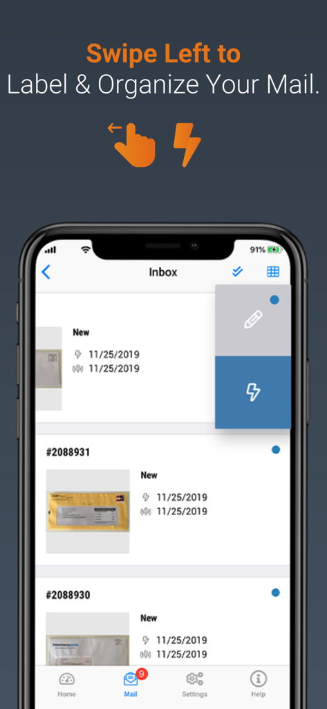 Anytime Mailbox Virtual Mail - Anytime Mailbox app screen showing the swipe gesture to label and organize digital mail items