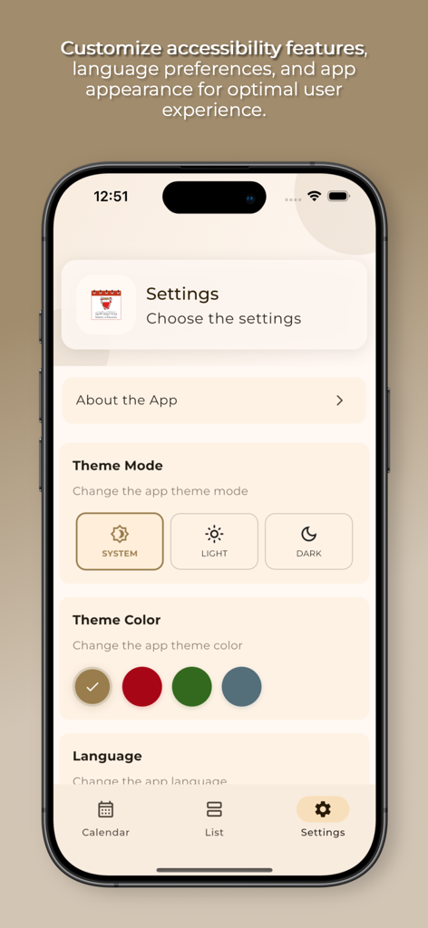 Der Einstellungsbildschirm der eduCAL.BH-App mit Optionen für den Designmodus, die Designfarbe und die Spracheinstellungen.