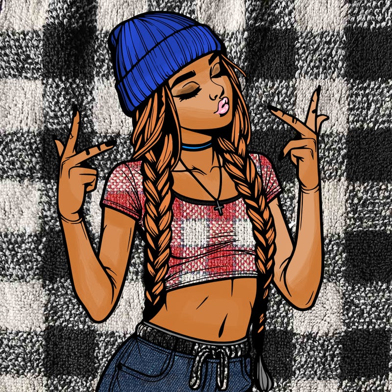 realistic teenage girl with braids and a beanie and crop top doing 🫶🏼