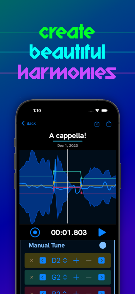 Harmonize Vocal Tuner - Interface de l'application Harmonize pour le réglage vocal manuel et la création d'harmonies