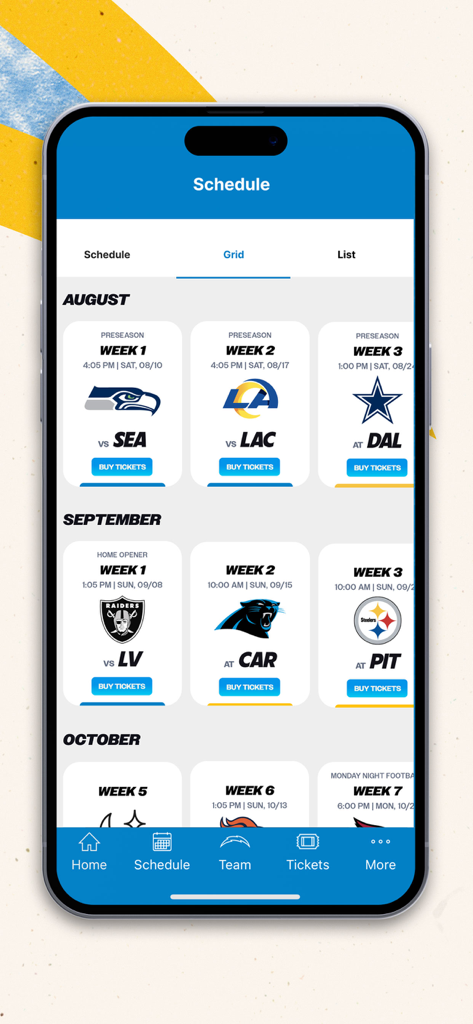 Los Angeles Chargers - The official Los Angeles Chargers app showing the game schedule grid with upcoming matchups and buy tickets options