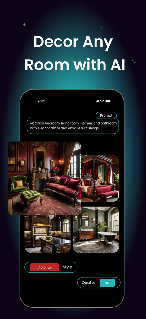 Smartphone screen showing the AI Interior app generating Victorian style room designs using text prompts.