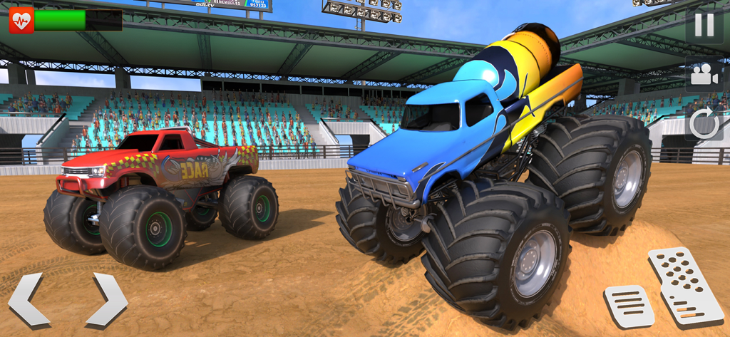 Monster Trucks 4x4 Racing Game - Two customized monster trucks inside a dirt racing stadium with audience stands