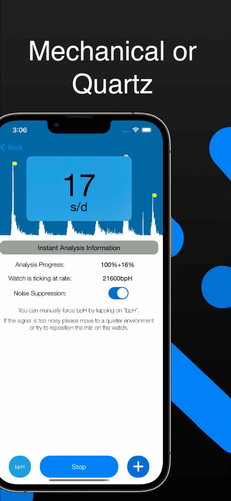 Watch Repair Accuracy Tuner AI - Interfaz de la aplicación de cronógrafo digital que muestra una medición de precisión de reloj de 17 segundos por día y detección de 21600 bpH