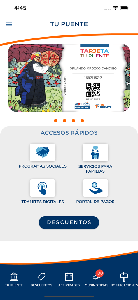 Écran d'accueil de l'application Tu Puente affichant une carte d'identité numérique de résident et un menu des services municipaux
