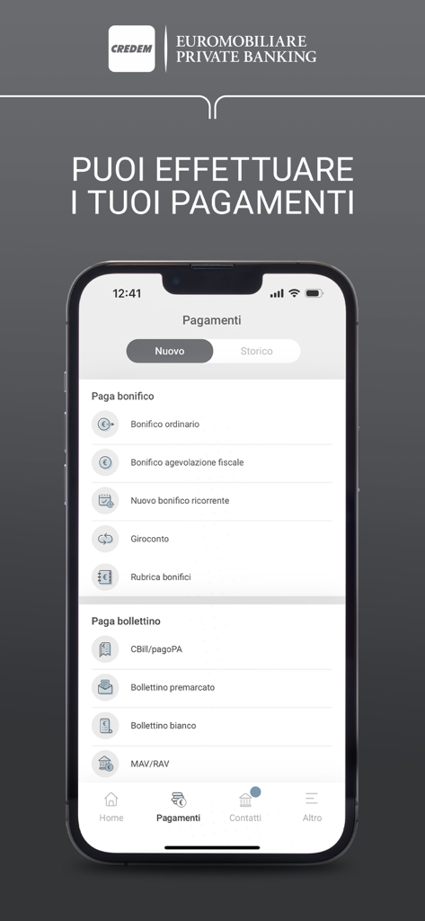 Credem Euromobiliare PB - Schermata dei pagamenti dell'app mobile Credem Euromobiliare Private Banking su un iPhone