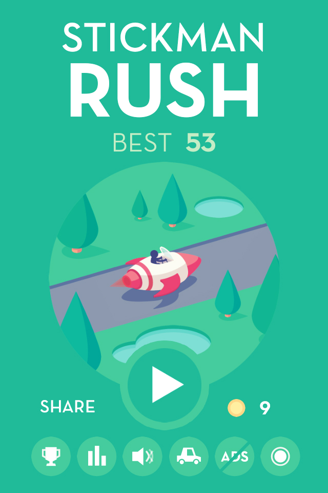 Stickman Rush - Stickman Rush home screen with a stickman in a rocket vehicle and a play button