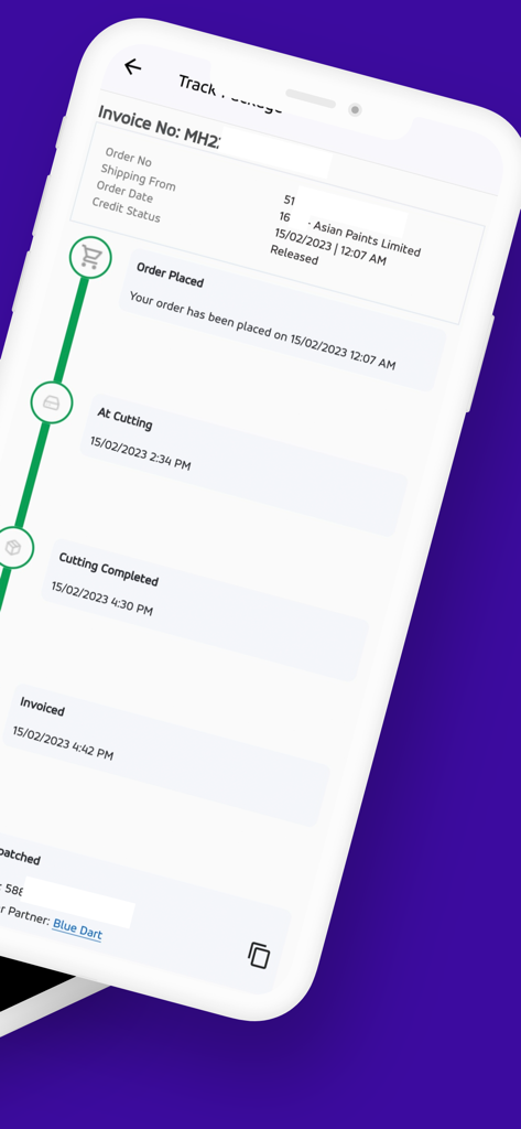 Home Decor My Awaaz - Mobile app interface showing a real-time order tracking timeline with statuses like order placed, at cutting, and invoiced.