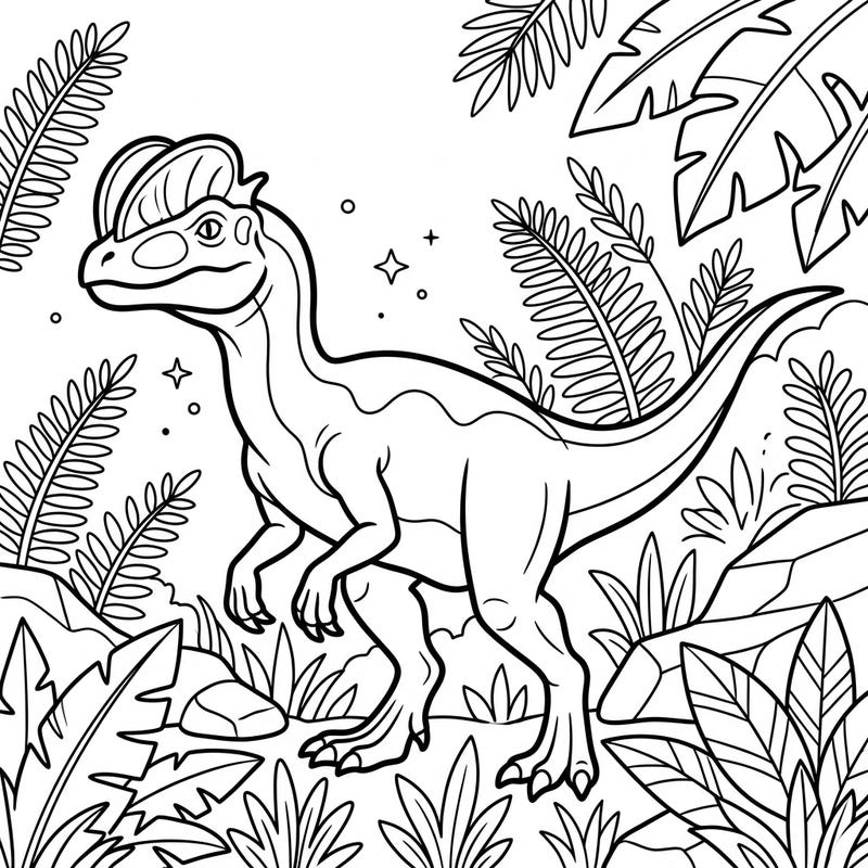 Unleash your inner paleontologist with this captivating Dilophosaurus coloring page, thoughtfully designed for seniors. Its clear lines and engaging prehistoric scene promise a delightful and relaxing creative experience.