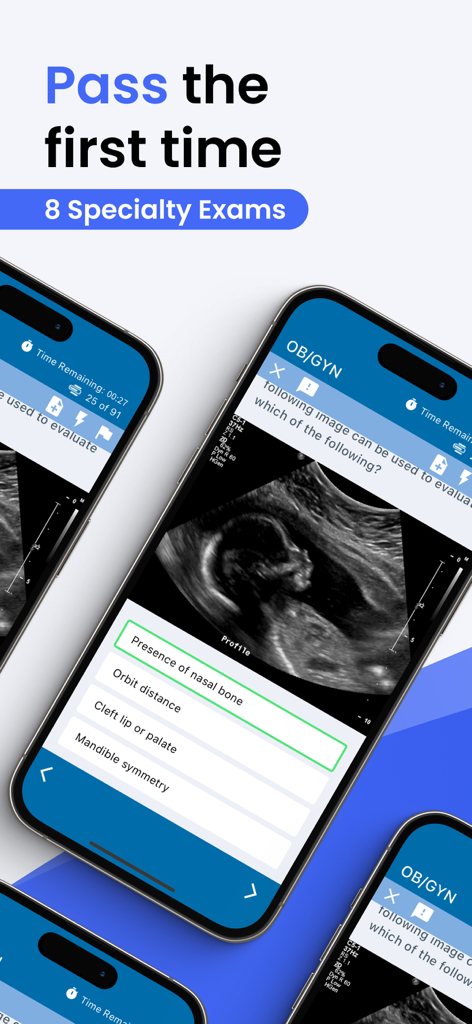 Prepry - ARDMS & CCI Exam Prep - Prepry mobile app interface displaying an OB/GYN sonography practice exam question