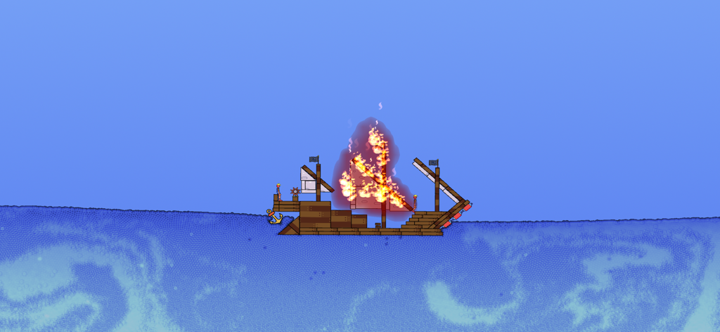 Water Box: Sandbox Playground - A wooden ship on fire in the Water Box physics sandbox simulation.