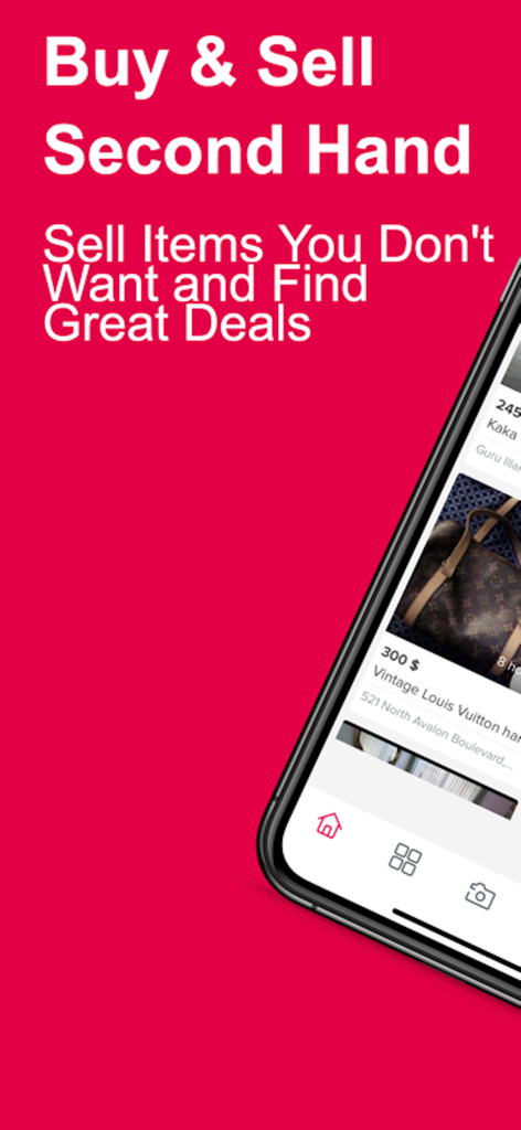 Buy Sell Now - Sell it, Letgo - ピンクの背景にヴィンテージ高級ハンドバッグの出品が表示されたBuy Sell Nowマーケットプレイスアプリを示すスマートフォン。