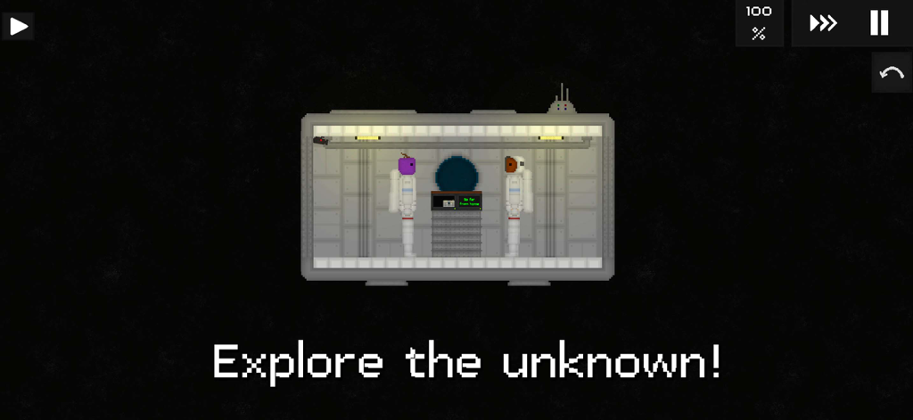 Two fruit characters in space suits inside a space capsule with the text explore the unknown