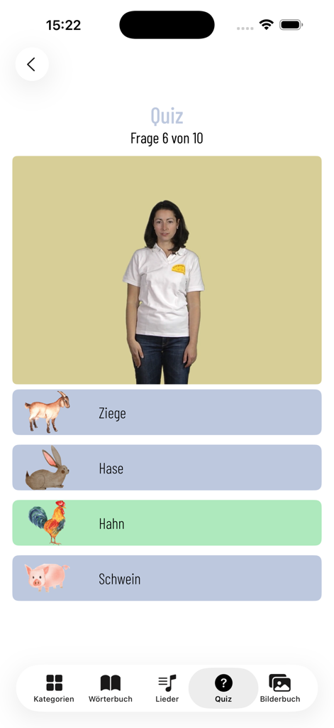 Babyzeichen Zwergensprache - A quiz screen from the Babyzeichen Zwergensprache app showing a sign language instructor and multiple choice options with animal illustrations like a goat rabbit rooster and pig