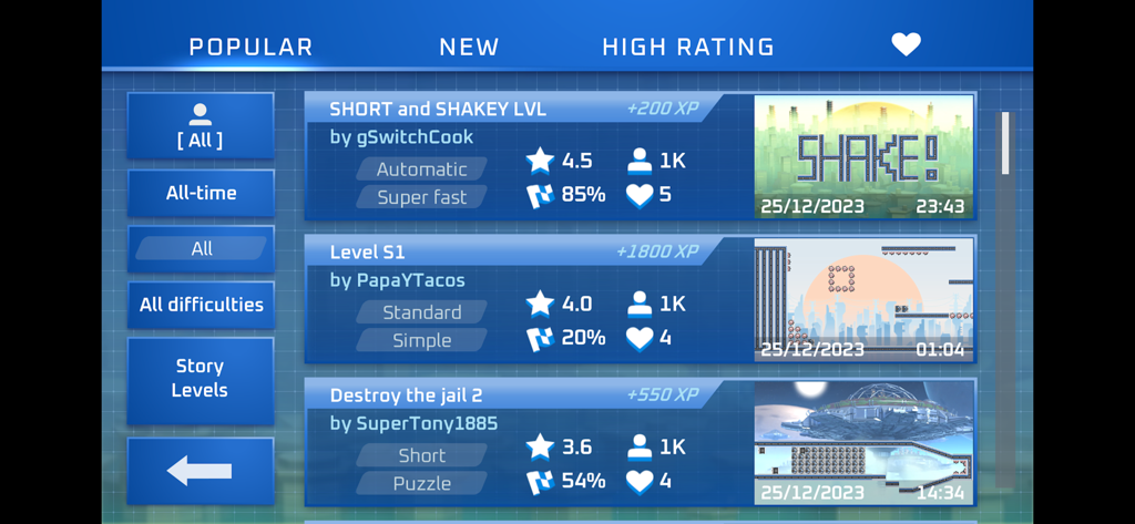 G-Switch 4: Creator - G-Switch 4 Creator menu displaying popular user created levels and ratings