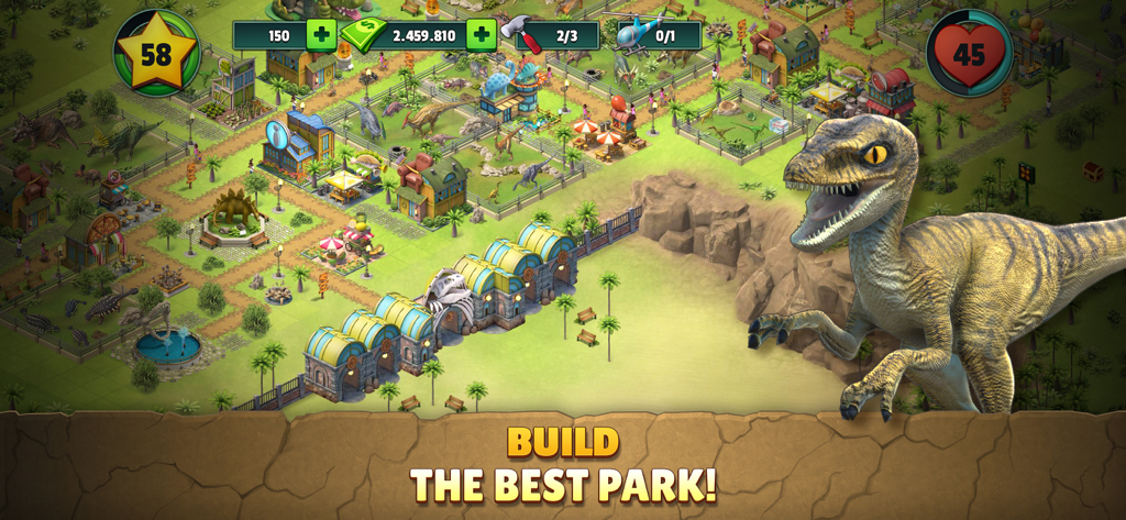 Jurassic Dinosaur: Park Game - Una vista de arriba hacia abajo de una simulación de parque temático de dinosaurios con varios edificios y un gran velociraptor en primer plano