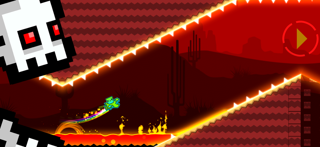 A green character jumping over lava and spikes in a fiery red level of Geometry Dash SubZero