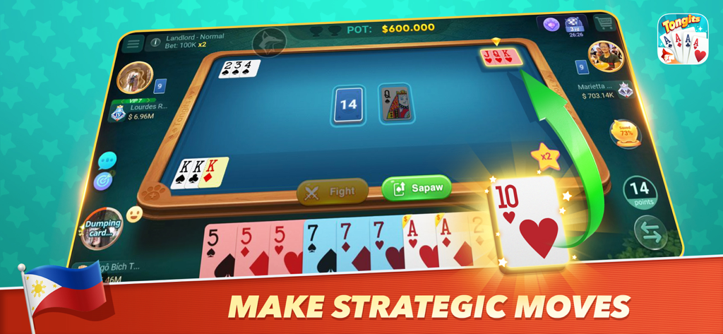 Tongits ZingPlay mobile card game interface showing strategic gameplay with a card being played at a virtual table.
