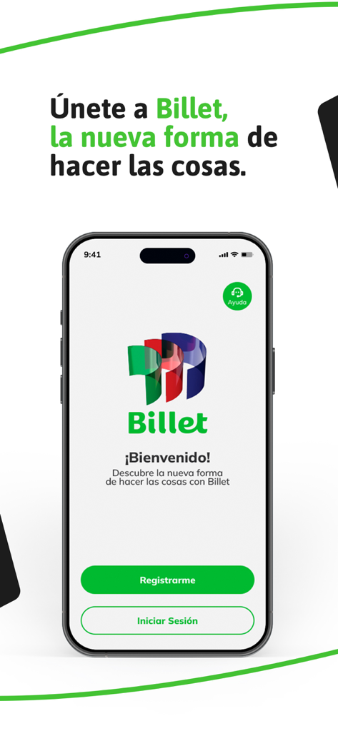 Billet - Pantalla de bienvenida de la aplicación móvil Billet en español que muestra los botones de registro e inicio de sesión