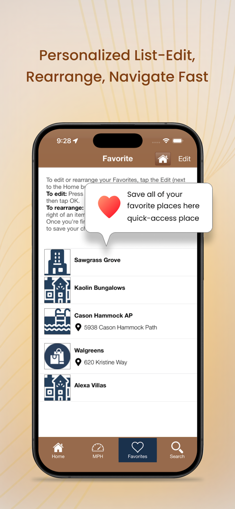 A screenshot of the Villages GPS app showing a personalized list of favorite locations for quick access.