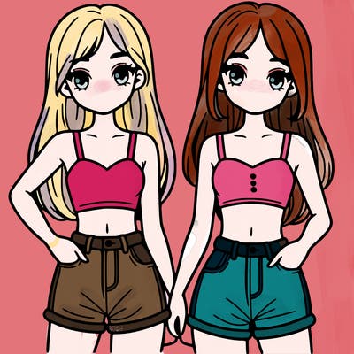 two sisters with crop tops and jean shorts and straight hair