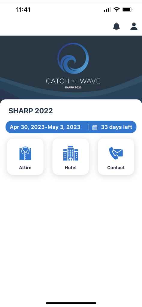 HUB SHARP - 企業イベント用のHUB SHARPアプリインターフェース。服装、ホテル、連絡先情報などのメニューオプションを表示。