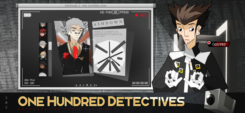 Methods 3: The Invisible Man - Detective profile interface showing character stats in Methods 3 The Invisible Man visual novel