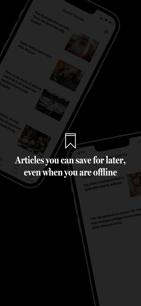 A smartphone screen displaying The Boston Globe app's saved stories feature for offline reading.