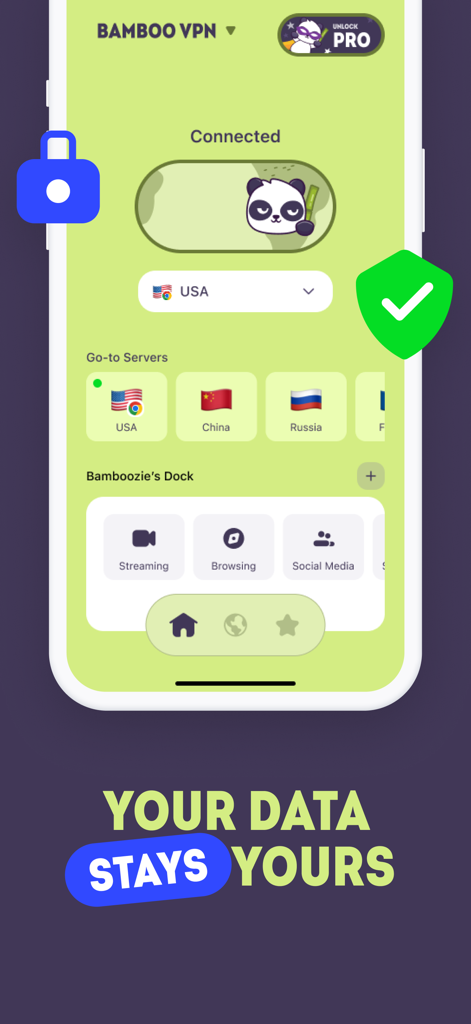 BambooVPN - Secure VPN Proxy - BambooVPN mobile app interface showing a connected status to a USA server with privacy protection icons and a panda mascot