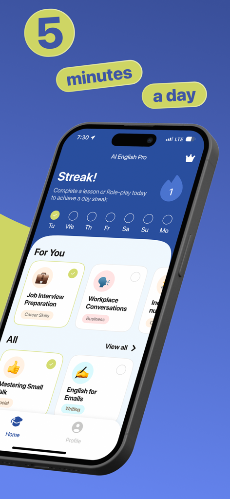 Learn & Speak English・AI Tutor - Interfaz de la aplicación AI English Pro que muestra un objetivo de práctica diaria de 5 minutos y categorías de lecciones como Preparación para entrevistas de trabajo y Conversaciones en el lugar de trabajo.