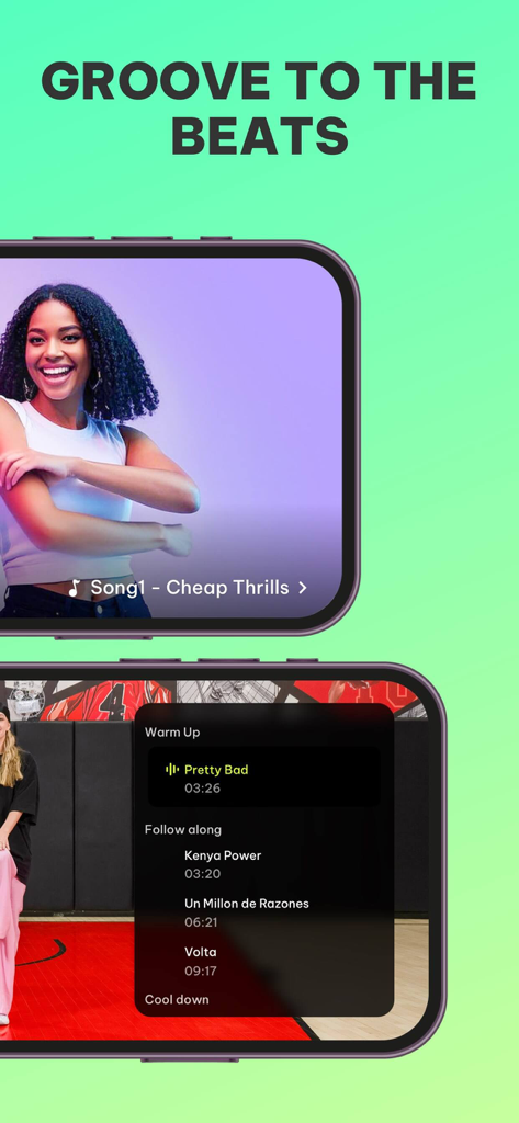 Two phone screens showing a dance fitness instructor and a playlist of upbeat workout songs