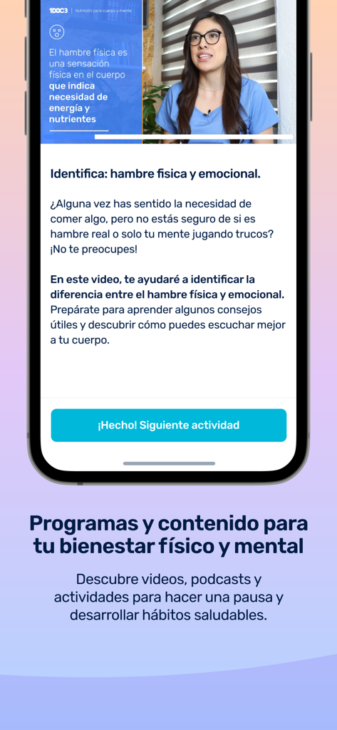 1DOC3 - Mobile app screen showing a nutrition video lesson on identifying physical and emotional hunger as part of a corporate wellness program