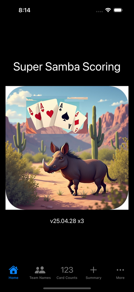 Super Samba Scoring - Pantalla de inicio de la aplicación Super Samba Scoring con un paisaje desértico con un facóquero y cartas de juego